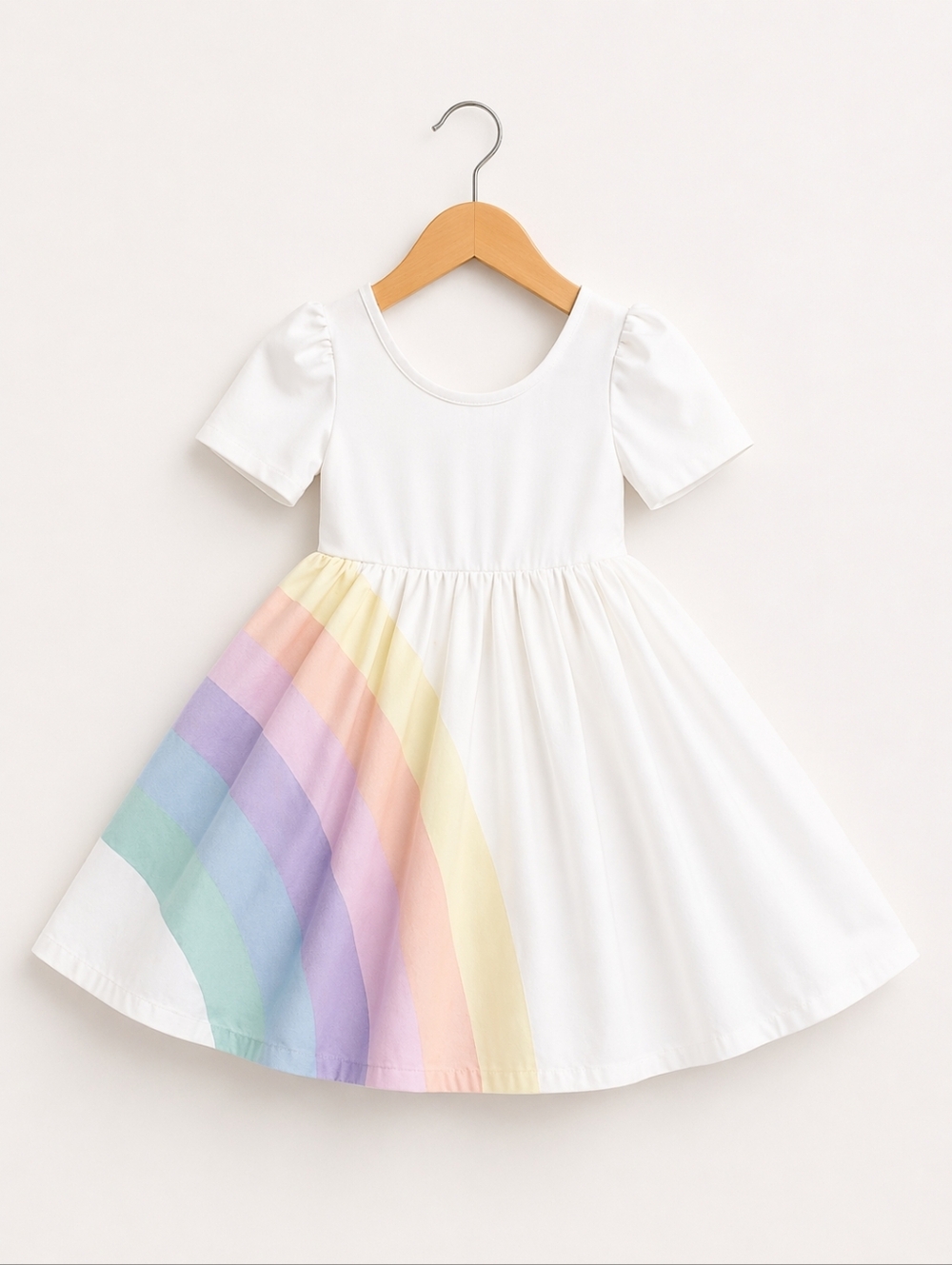 Pleiades Girls' White Rainbow Panel Dress - Pastel Multicolor